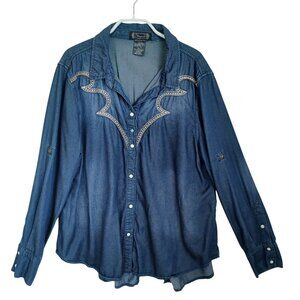 Shyanne Western Shirt Long Sleeve Chambray Cowgirl Pearl Snap Womens Large